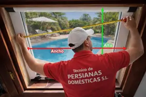 Tecnico de Persianas Domesticas midiendo en ventana.