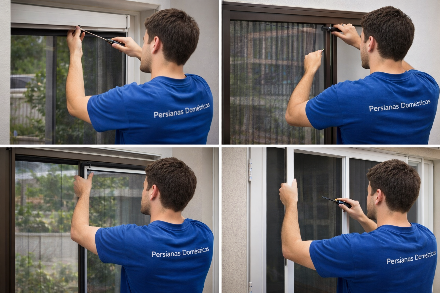 Técnico joven de Persianas Domésticas reparando distintas mosquiteras en vivienda de Sant Cugat del Vallès, trabajo profesional y especializado.